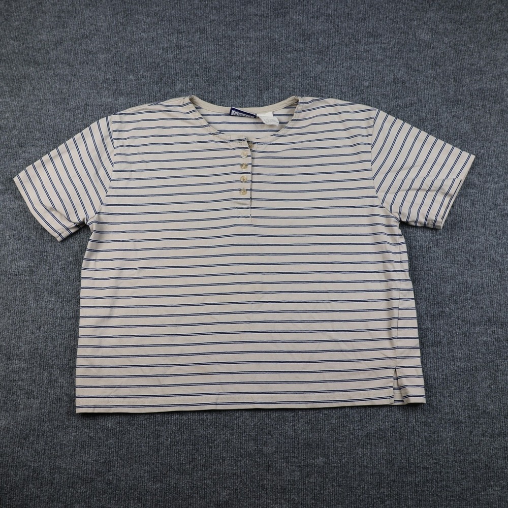 Erika‎ & Co Shirt Womens 2XL Ivory Blue Striped Henley Short Sleeve Casual Top